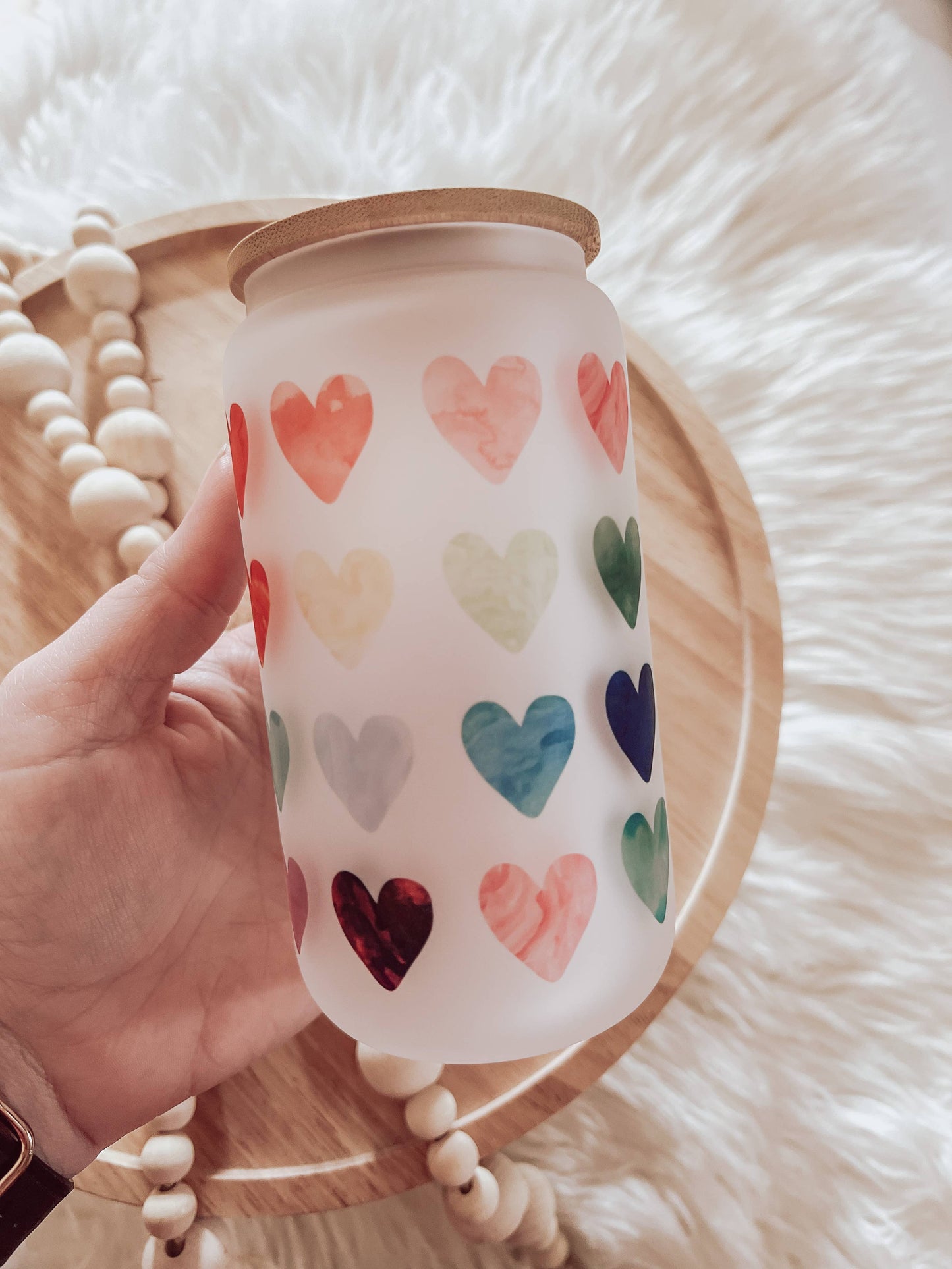 Watercolor Hearts Frosted 16oz Glass Cup with Bamboo Lid