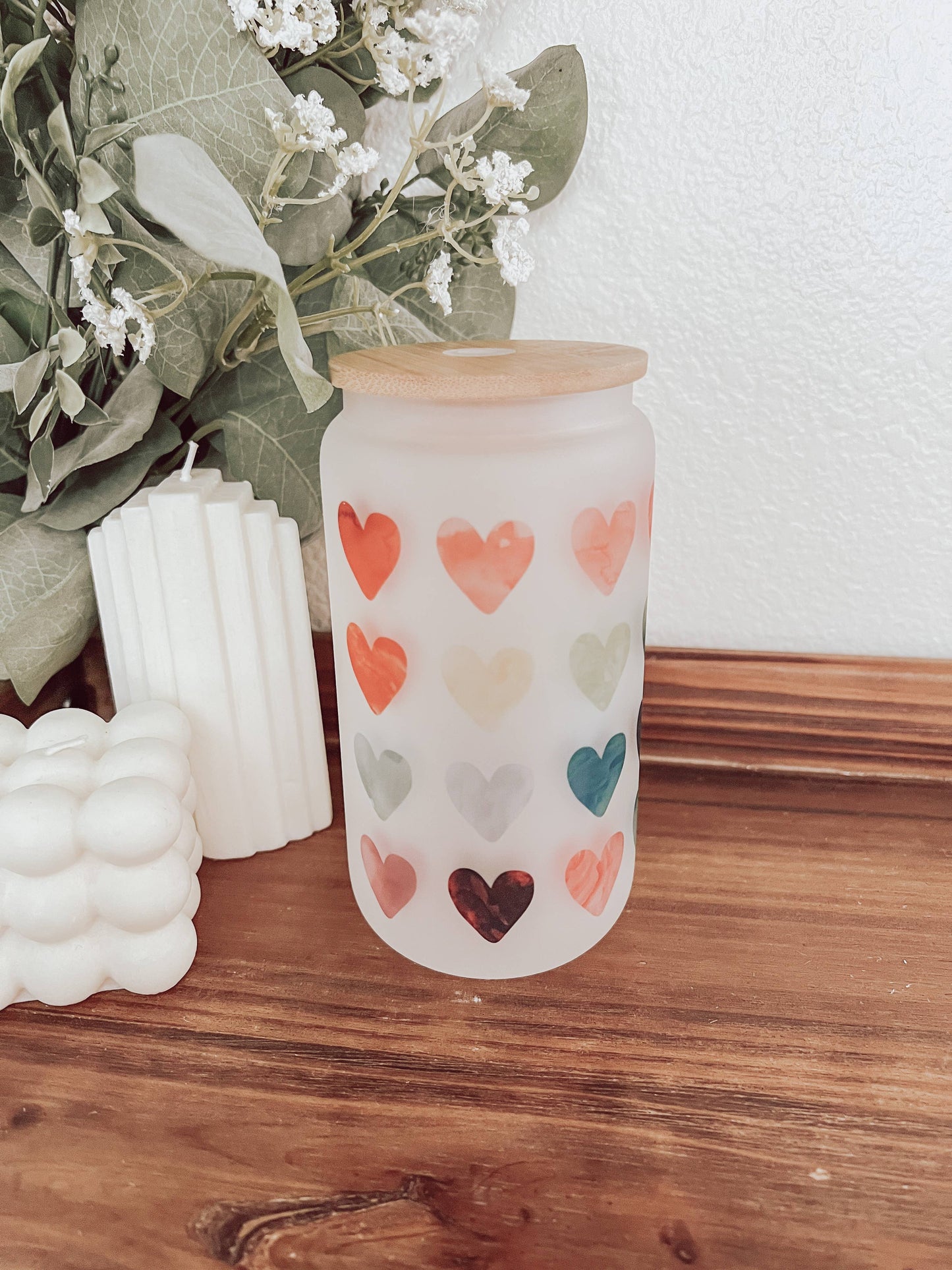 Watercolor Hearts Frosted 16oz Glass Cup with Bamboo Lid