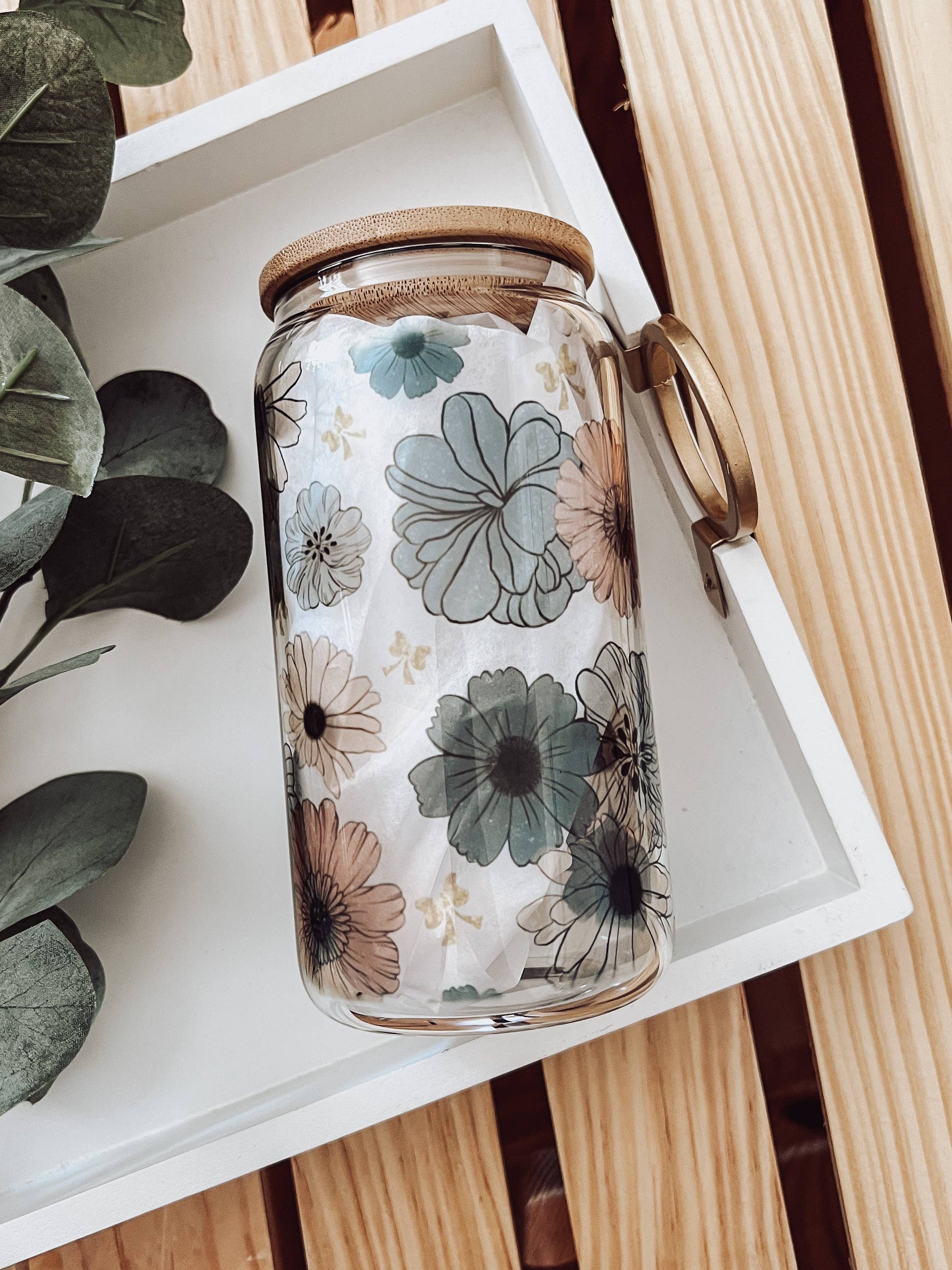 Fall Floral 16 oz Glass Cup with Bamboo Lid